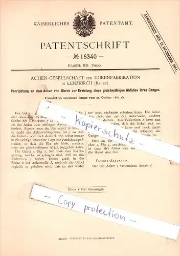 Original Patent - Actien-Gesellschaft für Uhrenfabrikation in Lenzkirch , Baden , 1880 , Uhren !!!