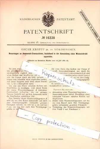 Original Patent - Oscar Kropff jr. in Norhausen , 1881 , Neuerungen an Ammoniak-Eismaschinen !!!