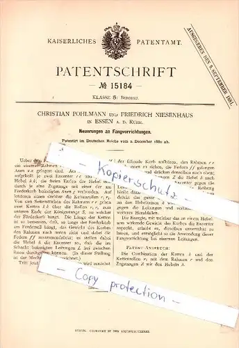 Original Patent -  C. Pohlmann und F. Niesenhaus in Essen a. d. Ruhr , 1880 , Bergbau !!!