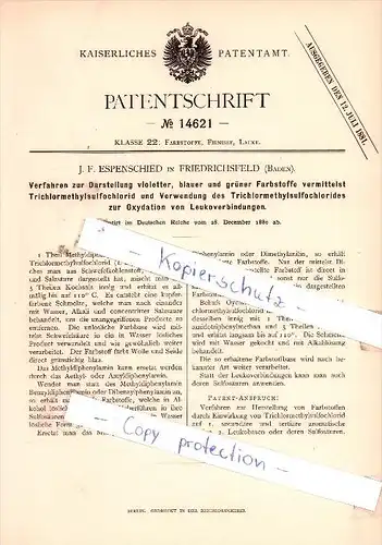 Original Patent - J. F. Espenschied in Friedrichsfeld , Baden , 1880 , Farbstoffe, Firnisse, Lacke !!!