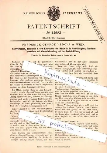 Original Patent - Frederick George Vedova in Wien , 1881 , Gerberei !!!