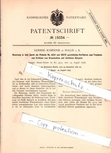 Original Patent - Ludwig Ramdohr in Halle a. S. , 1880 , Trocknen und Erhitzen von Braunkohle !!!