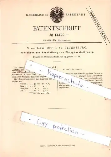 Original Patent - N. von Lawroff in St. Petersburg , 1881 ,  Herstellung von Phosphorbleibronze !!!