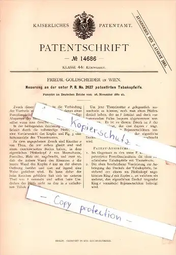 Original Patent - Friedr. Goldscheider in Wien , 1880 , Neuerung an der Tabakspfeife !!!