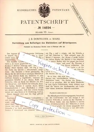 Original Patent - J. B. Dorfelder in Mainz , 1881 , Befestigen des Stoßleders auf Billardqueues , Billard !!!