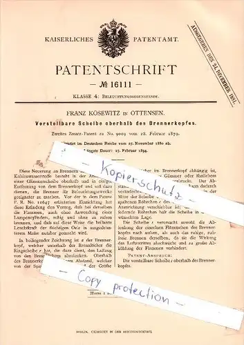 Original Patent -  F. Kösewitz in Ottensen b. Hamburg , 1880 ,  Scheibe oberhalb des Brennerkopfes !!!