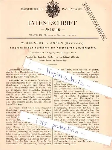 Original Patent - W. Reunert in Annen , Westfalen , 1881 , Härtunmg von Gewehrläufen , Gewehr !!!