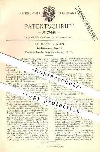original Patent - Leo Doms in Wien , 1888 , Naphtalinpatronen - Gaskerze , Kerze , Lampe , Licht , Gas , Gasbrenner !!!