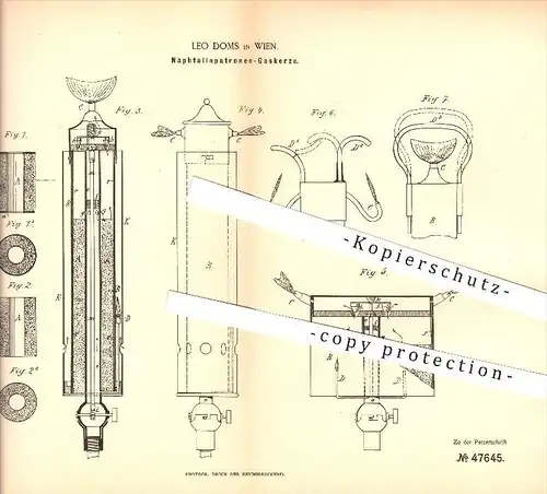 original Patent - Leo Doms in Wien , 1888 , Naphtalinpatronen - Gaskerze , Kerze , Lampe , Licht , Gas , Gasbrenner !!!