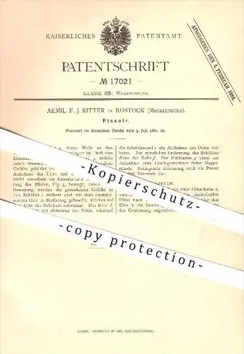 original Patent -  F.J. Ritter in Rostock i. Mecklenburg , 1881, Pissoir , WC , Toilette , Wasserleitung , Sanitäranlage