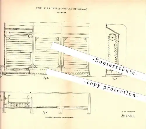 original Patent -  F.J. Ritter in Rostock i. Mecklenburg , 1881, Pissoir , WC , Toilette , Wasserleitung , Sanitäranlage