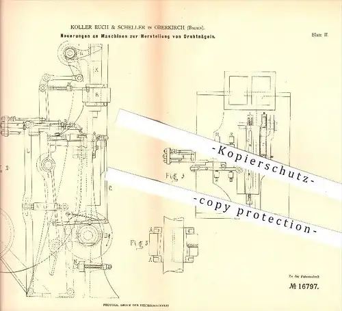original Patent - Koller Ruch & Scheller in Oberkirch , 1881 , Herstellung von Drahtnägeln , Nägel , Nagel , Metall !!!
