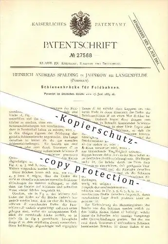 original Patent - Heinrich Spalding in Jahnkow b. Glewitz i. Mecklenburg , 1883, Schienenbrücke für Feldbahn , Franzburg