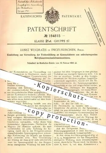 original Patent - Ernst Windrath in Engelskirchen , Rheinland , 1906 , Vermeidung von Funkenbildung an Strommaschinen !!