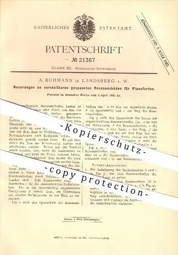 original Patent - A. Ruhmann in Landsberg a. W. Gorzów Wielkopolski ,1882, Resonanzböden für Pianofortes , Piano , Piano