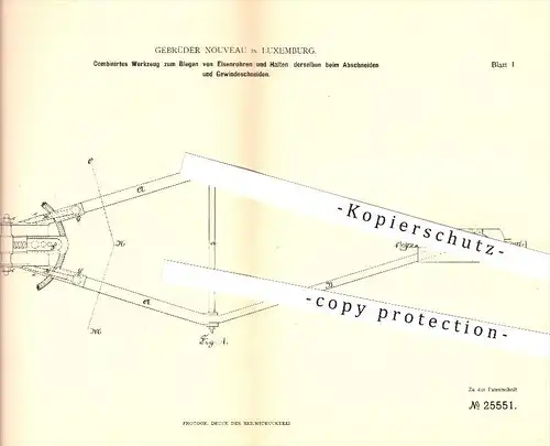 original Patent - Gebrüder Nouveau in Luxemburg , 1883 , Werkzeug zum Biegen von Eisenrohren , Gewinde , Metall , Eisen