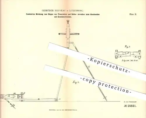 original Patent - Gebrüder Nouveau in Luxemburg , 1883 , Werkzeug zum Biegen von Eisenrohren , Gewinde , Metall , Eisen