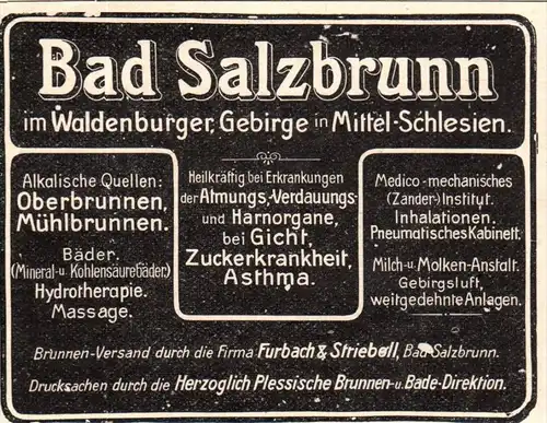 original Werbung - 1906 - Bad Salzbrunn / Szczawno-Zdroj , Schlesien , Kur , Arzt , Krankenhaus , Apotheke
