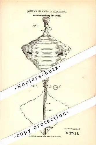 Original Patent - Johannes Bammes in Nürnberg , 1883 , Antrieb für Kreisel , Brummkreisel !!!