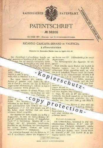 original Patent - Ricardo Caruana-Berard in Valencia , 1886 , Luftverdichter , Gebläse , Lüftung , Luft , Verdichter !!!