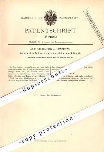 Original Patent - Arthur Härtig in Lunzenau , 1884 , Schreibtafel mit Lineal , Schule , Tafel , Unterricht !!!