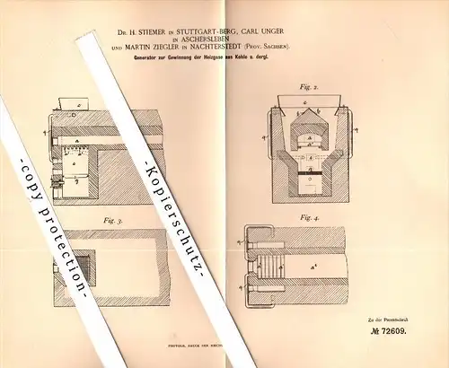 Original Patent - M. Ziegler in Nachterstedt / Seeland , Dr. H. Stiemer ,C. Unger in Aschersleben , 1893 , Generator
