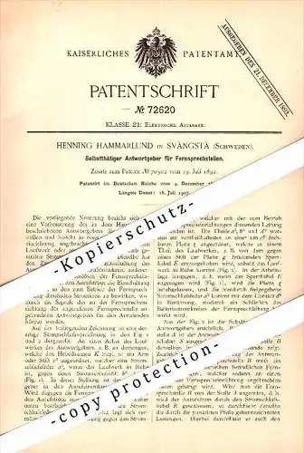 Original Patent - Henning Hammarlund in Svängsta , Schweden , 1892 , Apparat für Fernsprechstellen !!!