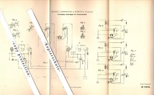 Original Patent - Henning Hammarlund in Svängsta , Schweden , 1892 , Apparat für Fernsprechstellen !!!