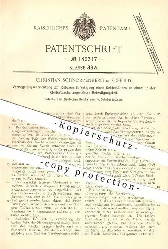 original Patent - Christian Schnorrenberg in Krefeld , 1902 , Befestigung eines Geldbehälters in Kleidung , Mode !!!