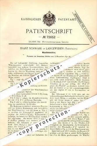 Original Patent - Franz Schwabe in Langewiesen , Thüringen , 1892 , Waschmaschine , Wäscherei !!!