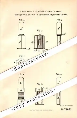 Original Patent - John Ewart in Banff , County of Banff , 1893 , Target practice cartridge for rifle , Scotland !!!