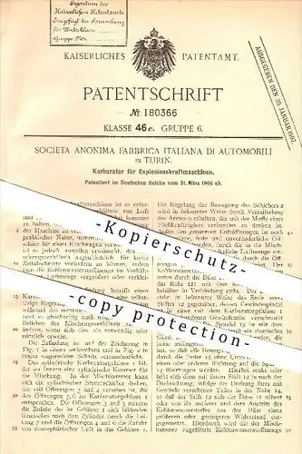 original Patent - Societa Anonima Fabbrica Italiana di Automobili , Turin ,1906, Karburator für Explosionskraftmaschinen