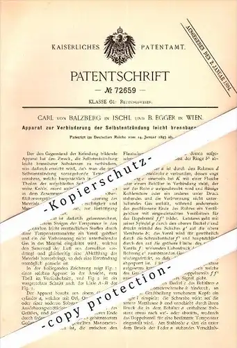 Original Patent - Carl von Balzberg in Bad Ischl und B. Egger in Wien , 1893, Apparat gegen Selbstentzündung , Feuerwehr