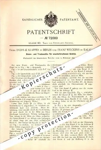 Original Patent - F. Wilckens in Calau und Evers & Klapper in Berlin , 1893 , Brenn- und Trockenofen , Keramik , Kalau !