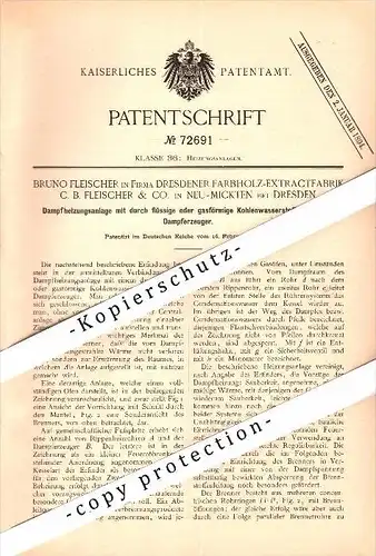 Original Patent - Bruno Fleischer & Co. in Neu-Mickten b. Dresden , 1893 , Dampfheizungsanlage , Heizungsbau !!!