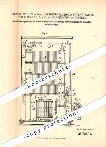 Original Patent - Bruno Fleischer & Co. in Neu-Mickten b. Dresden , 1893 , Dampfheizungsanlage , Heizungsbau !!!