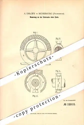 Original Patent - A. Delcey à Richebourg , 1881 , Vis sans fin !!!