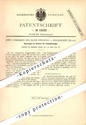 Original Patent - Josua F. Heilmann à Reichshoffen , Elsass , 1881 , Freinage pour voie ferrée , Rishoffe !!!
