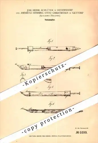 Original Patent - J.H. Schlüter in Revensdorf und A. Christensen in Gettorf , 1878 , Federhalter , Tintenhalter !!!