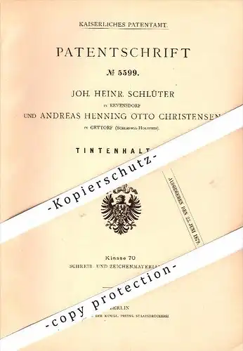 Original Patent - J.H. Schlüter in Revensdorf und A. Christensen in Gettorf , 1878 , Federhalter , Tintenhalter !!!