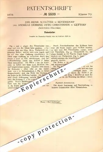 Original Patent - J.H. Schlüter in Revensdorf und A. Christensen in Gettorf , 1878 , Federhalter , Tintenhalter !!!