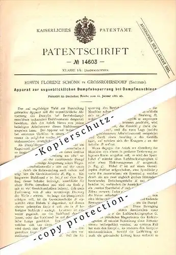 Original Patent - Edwin F. Schöne in Großröhrsdorf b. Bautzen , 1881 , Apparat für Dampfmaschine , Sachsen  !!!