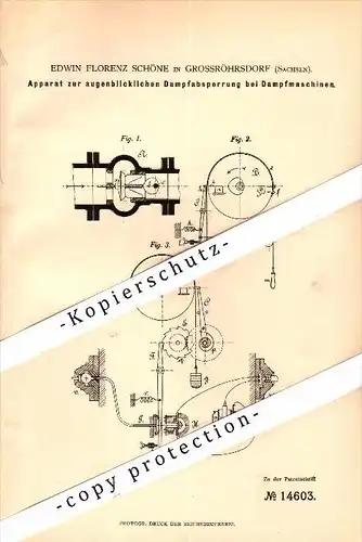 Original Patent - Edwin F. Schöne in Großröhrsdorf b. Bautzen , 1881 , Apparat für Dampfmaschine , Sachsen  !!!