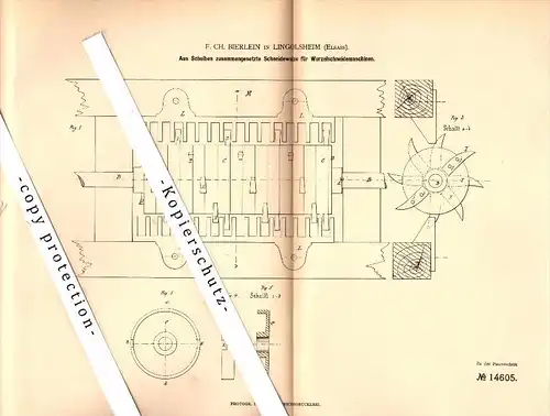 Original Patent - F. Bierlein à Lingolsheim , Elsass , 1881 , Machine Root-coupe !!!