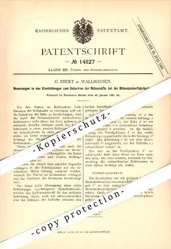 Original Patent - G. Ebert in Wallhausen / Hohlstedt , 1881 , Rüberzuckerfabrikation , Zuckerfabrik , Mansfeld !!!