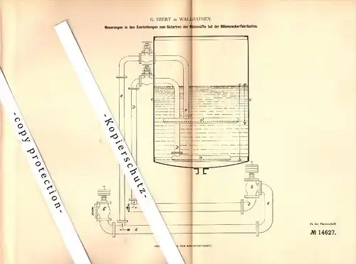 Original Patent - G. Ebert in Wallhausen / Hohlstedt , 1881 , Rüberzuckerfabrikation , Zuckerfabrik , Mansfeld !!!