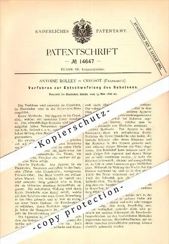 Original Patent -Antoine Rollet à Le Creusot , 1880 , Désulfuration du fer !!!