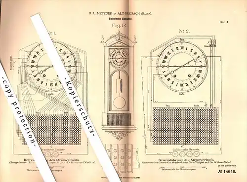 Original Patent - R.L. Metzger in Alt-Breisach , Baden , 1880 , elektrische Signaluhr , Breisach am Rhein !!!