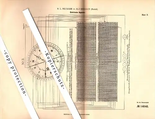 Original Patent - R.L. Metzger in Alt-Breisach , Baden , 1880 , elektrische Signaluhr , Breisach am Rhein !!!