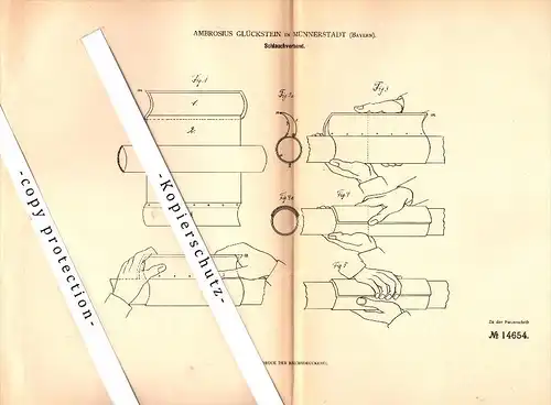 Original Patent - Ambrosius Glückstein in Münnerstadt , Bayern , 1880 , Schlauchverband !!!